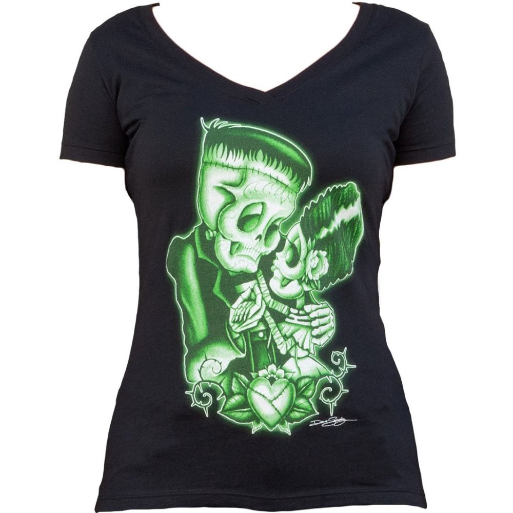 Strange Love Frankenstein and Frankenbride Tattoo Style Black V-neck Tee S-2XL